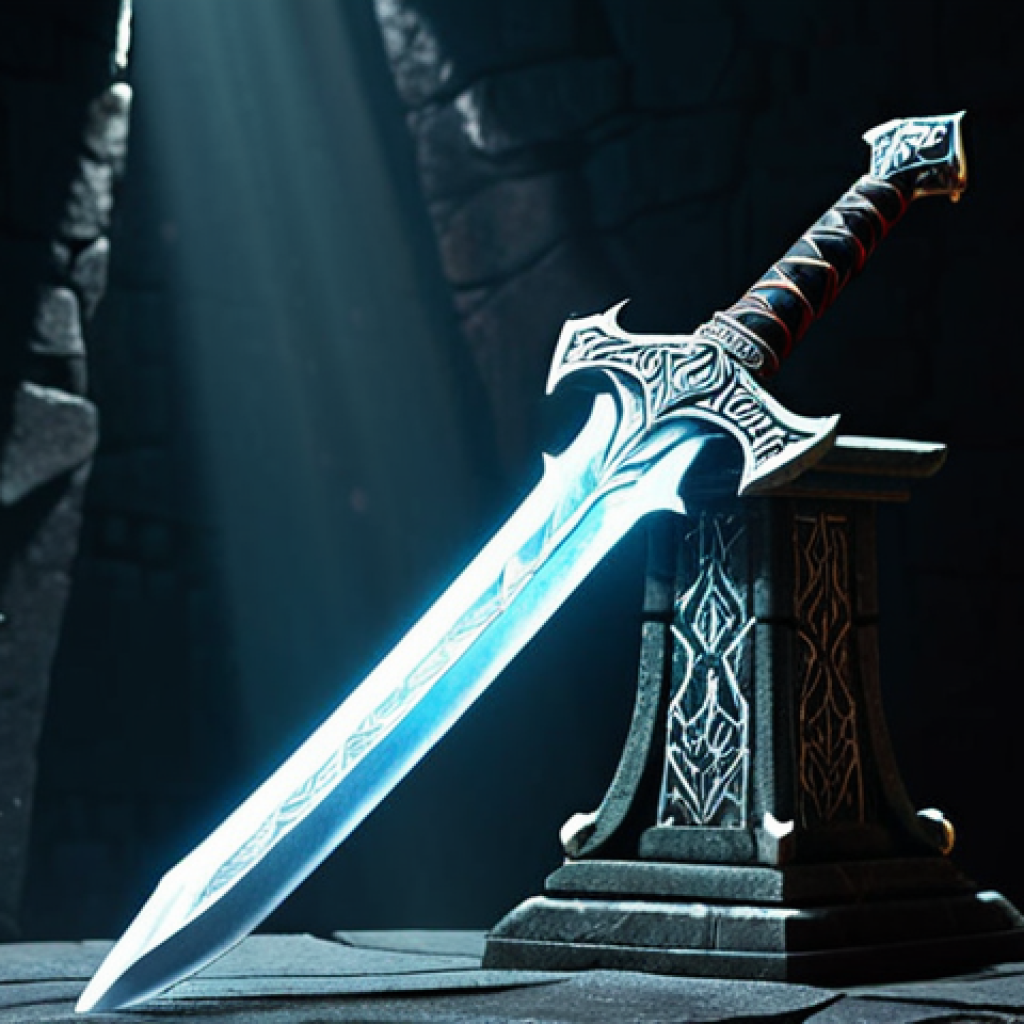 **Image Prompt for Doomsayer's Blade:**
   - "Create an image of a legendary sword named 'Doomsayer's Blade' with intricate designs and glowing runes. The sword should appear powerful, resting on a dark stone pedestal in a mystical environment, surrounded by shadows and faint light, symbolizing its critical hit abilities and strength."