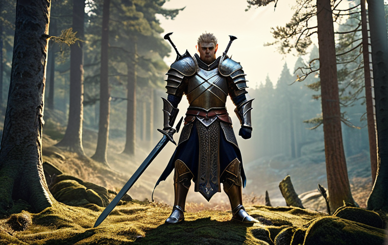 **Image Prompt:** A determined warrior character from Lineage M, clad in shining armor and wielding a Tyrant's Sword, standing triumphantly over a defeated monster. The background shows a stylized Swedish forest landscape with subtle hints of magical elements. Focus on the character's powerful pose and the sword's intricate details. The overall mood should be heroic and inspiring.